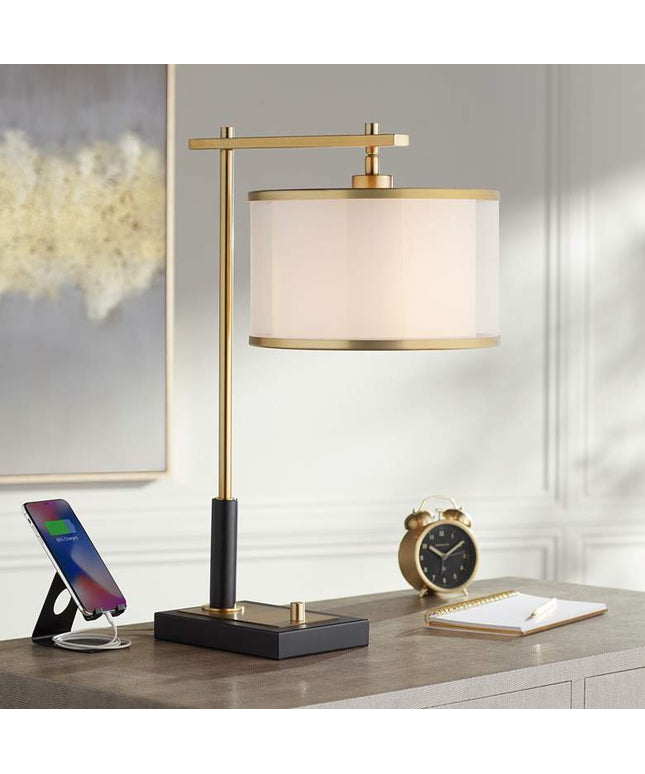 Possini Euro Hayven Black and Warm Gold Desk Lamp with Dual USB Ports