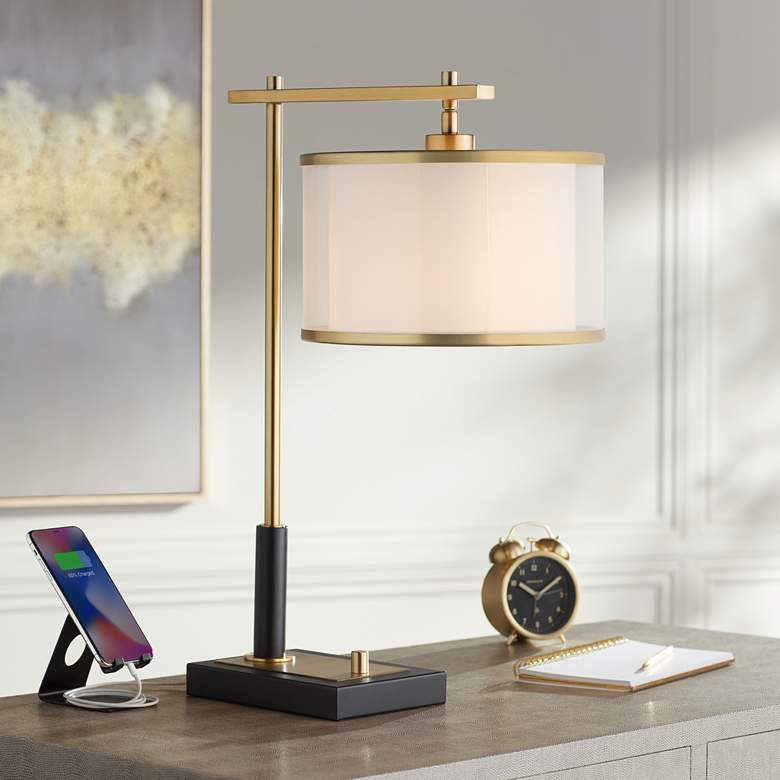 Possini Euro Hayven Black and Warm Gold Desk Lamp with Dual USB Ports