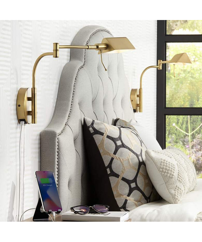 Possini Euro Keegan Plug-In Wall Lamps with Dual USB Ports Set of 2