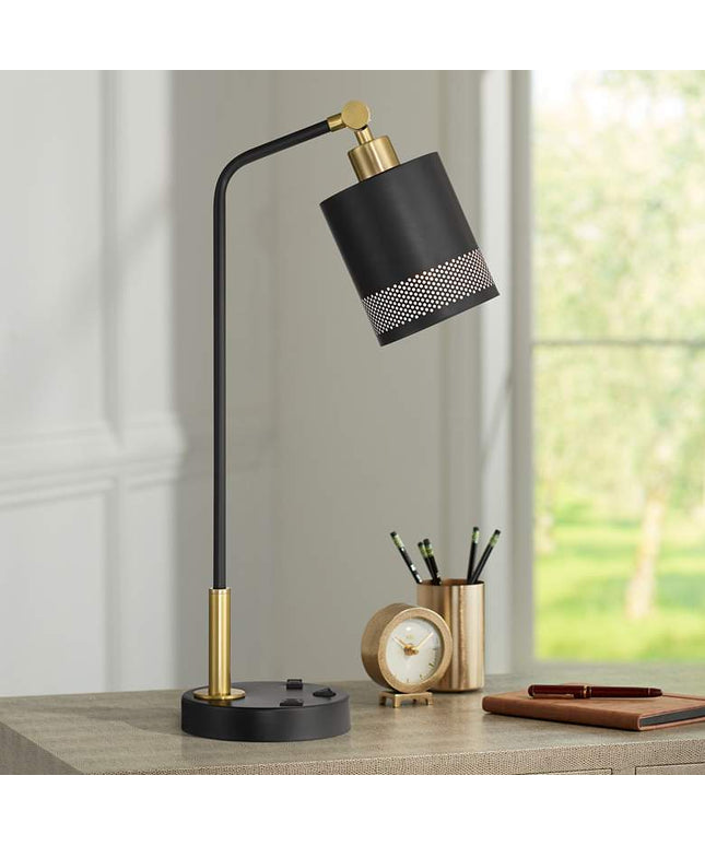 Possini Euro Keller 24" High Black and Brass Outlet and USB Desk Lamp
