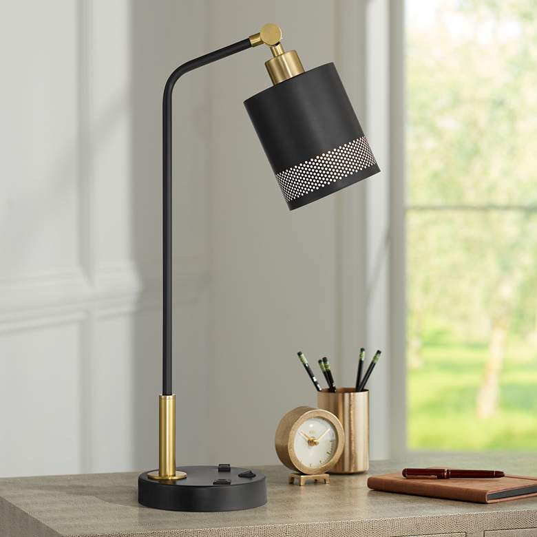 Possini Euro Keller 24" High Black and Brass Outlet and USB Desk Lamp