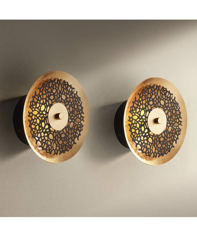 Possini Euro Kora 8 1/2" High Black and Gold Leaf LED Wall Sconce Set