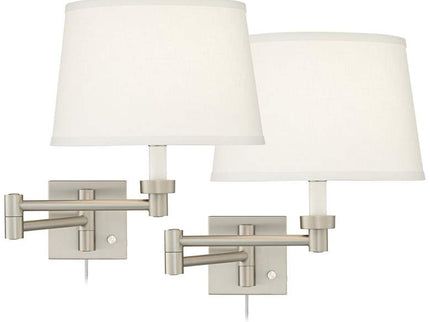 Possini Euro Nickel and White Swing Arm Plug-In Wall Lamps Set of 2