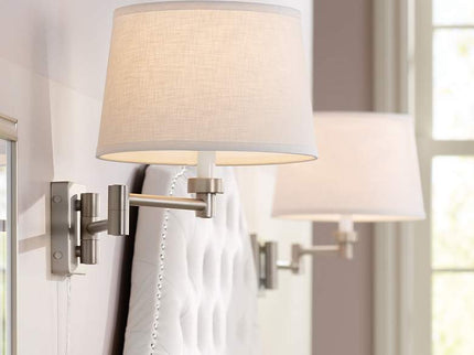 Possini Euro Nickel and White Swing Arm Plug-In Wall Lamps Set of 2