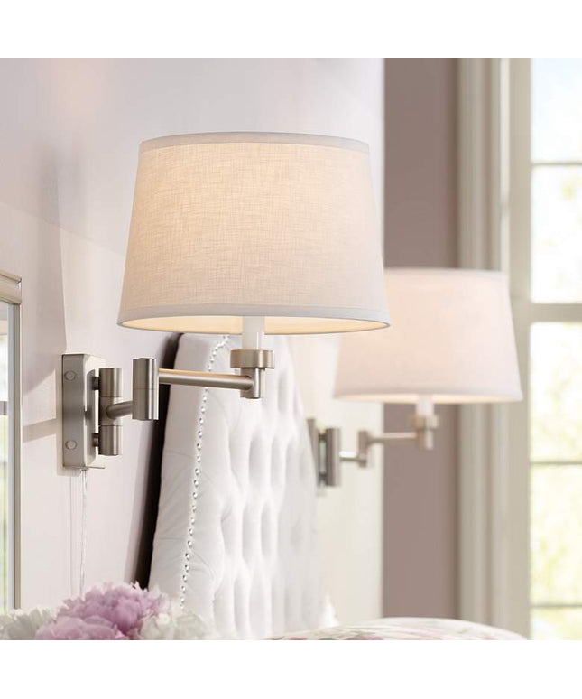 Possini Euro Nickel and White Swing Arm Plug-In Wall Lamps Set of 2