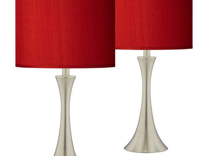 Possini Euro Red Faux Silk Brushed Nickel Touch Table Lamps Set of 2