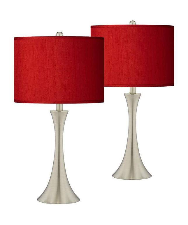 Possini Euro Red Faux Silk Brushed Nickel Touch Table Lamps Set of 2