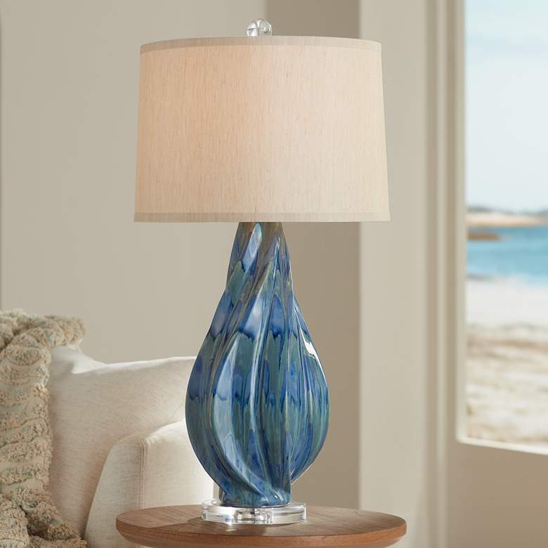Possini Euro Teresa 31" Coastal Teal Blue Drip Ceramic Table Lamp