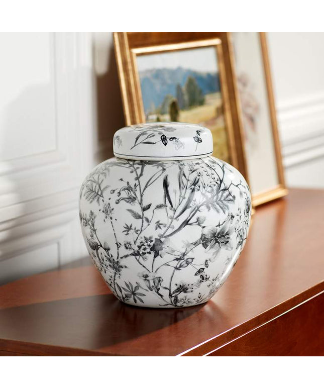 Prentiss 9" High Black and White Ceramic Ginger Jar with Lid