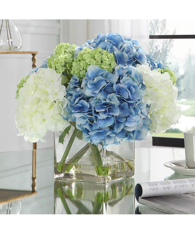 Province White Blue Hydrangea 17" Wide Faux Flowers in Vase
