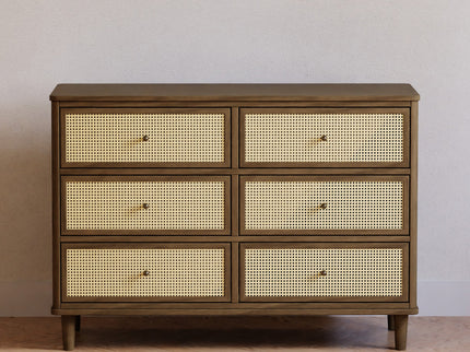 M23716NLBC,Namesake,Marin with Cane 6 Drawer Assembled Dresser in Natural Walnut and Blonde Cane