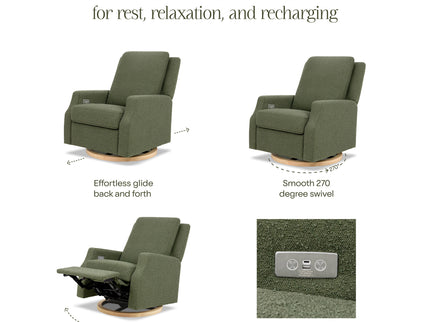 M22286OBLB,Namesake,Crewe Electronic Swivel Glider Recliner in Olive Boucle w/Light Wood Base