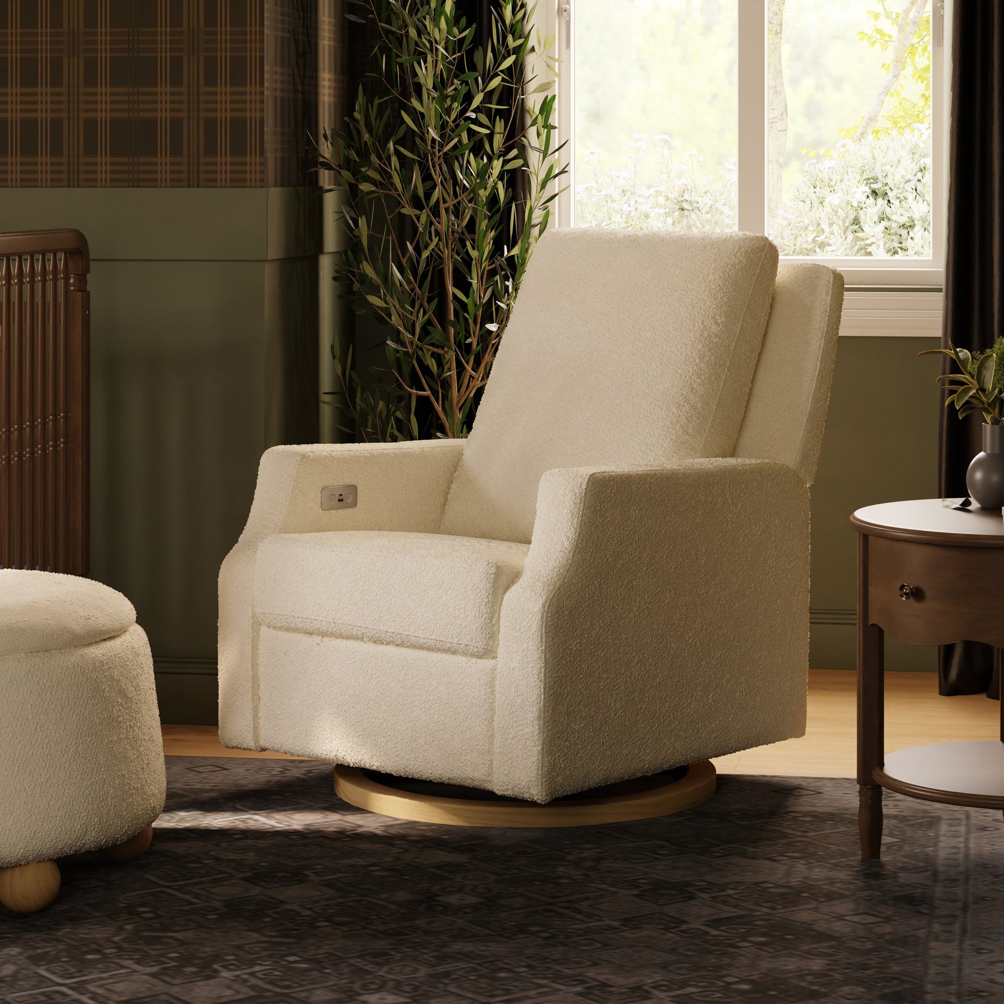 M22286WBLB,Namesake,Crewe Electronic Swivel Glider Recliner in Ivory Boucle w/Light Wood Base