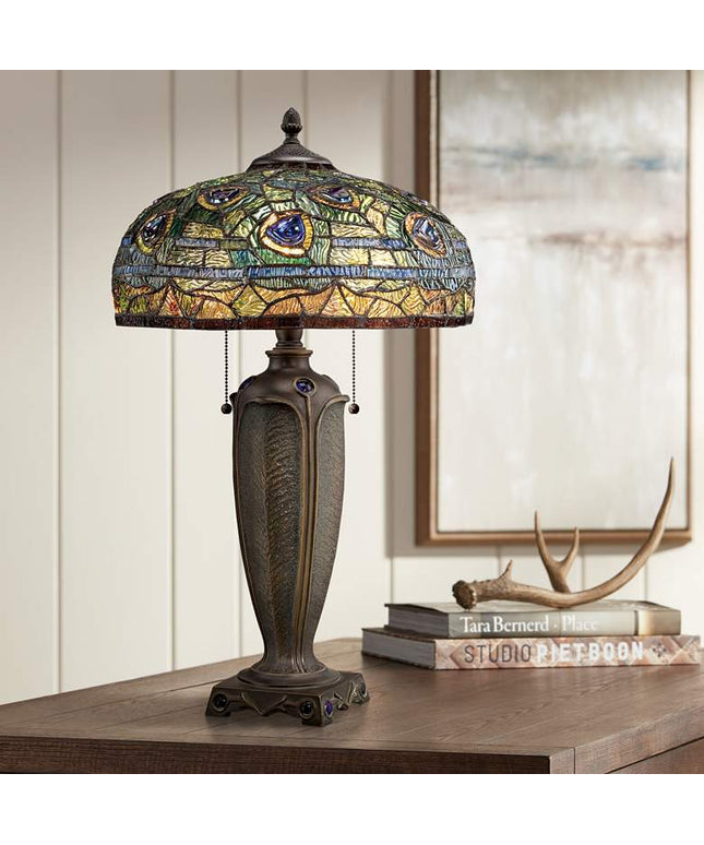 Quoizel Lynch 26" Tiffany-Style Peacock Glass Table Lamp