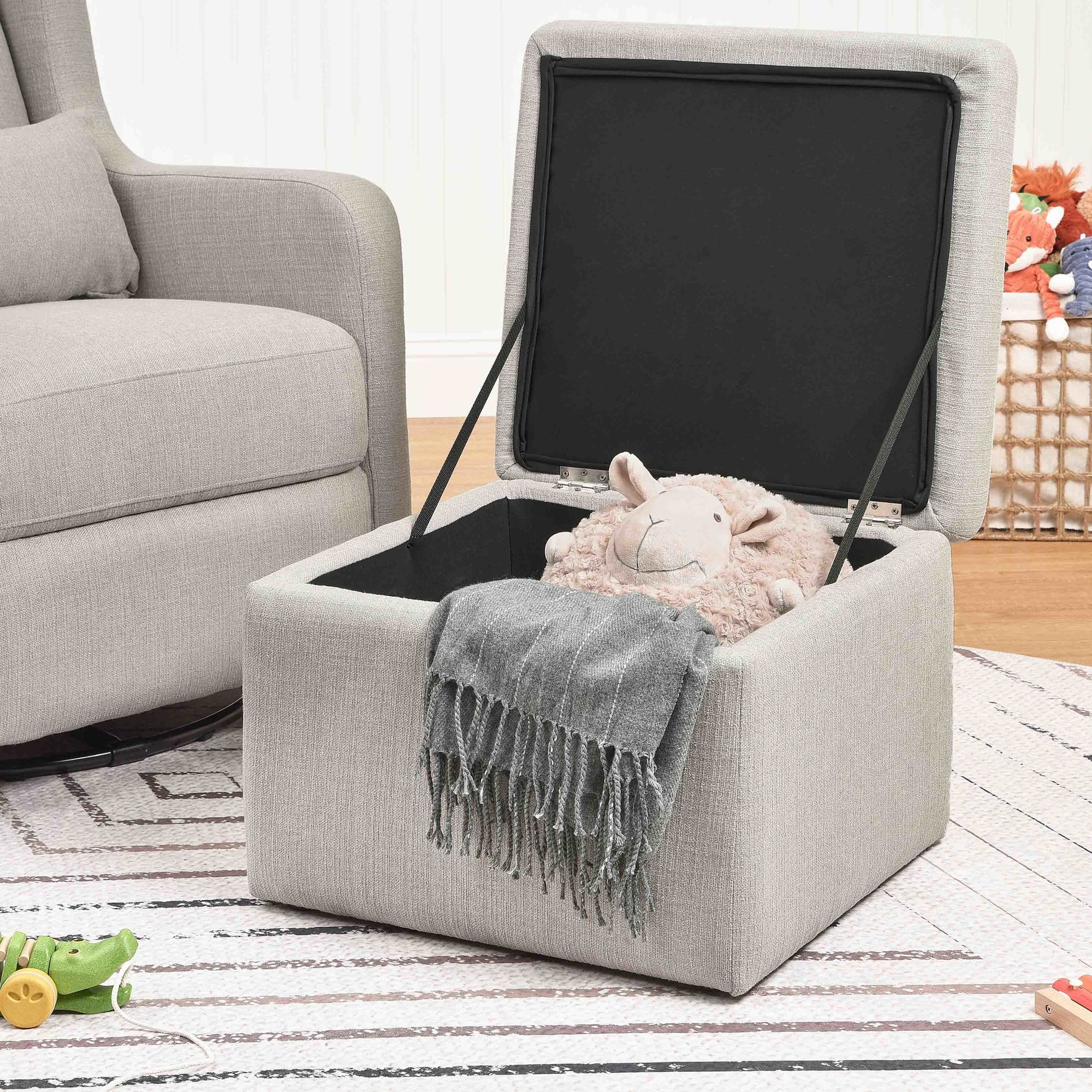 F18787PFTGRY,Carter's,Adrian Swivel Glider with Storage Ottoman in Performance Grey Linen