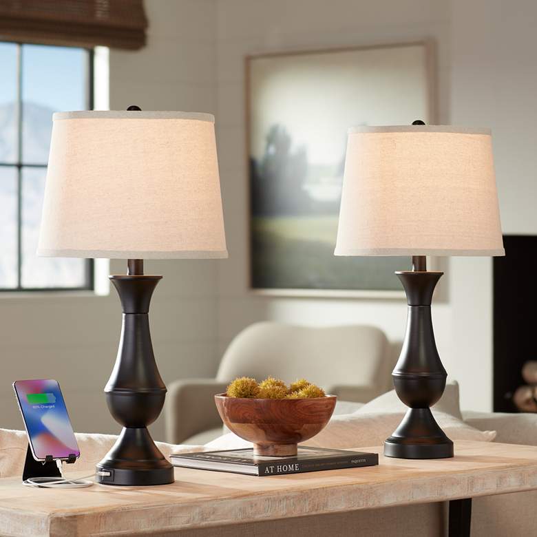 Regency Hill Blakely 25" Bronze LED USB Touch Table Lamps Set of 2