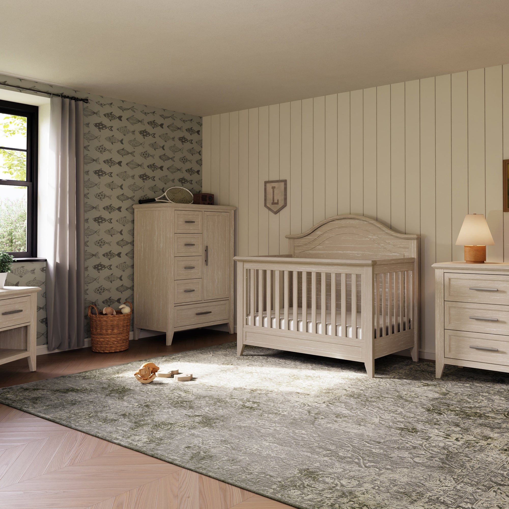 M34401SDB,Monogram by Namesake,Beckett Rustic 4-in-1 Convertible Curve Top Crib in Sandbar