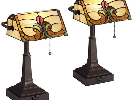 Robert Louis Tiffany Fleura 17" High Bronze Banker Desk Lamps Set of 2