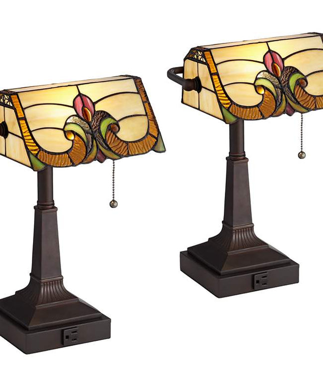 Robert Louis Tiffany Fleura 17" High Bronze Banker Desk Lamps Set of 2