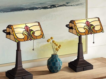 Robert Louis Tiffany Fleura 17" High Bronze Banker Desk Lamps Set of 2