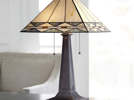 Robert Louis Tiffany Mission Square Art Glass and Bronze Lamp with Dimmer