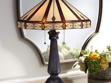 Robert Louis Tiffany Octagon 25" Bronze Mission Art Glass Table Lamp