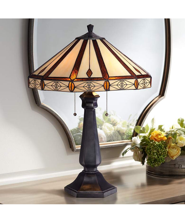 Robert Louis Tiffany Octagon 25" Bronze Mission Art Glass Table Lamp