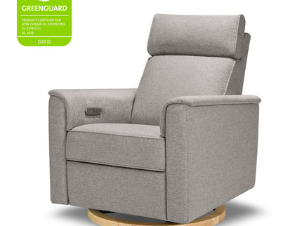B17186PGEWLB,Monogram by Namesake,Willa Plus Power Glider Recliner w/ Power Headrest in Performance Grey Eco-Weave w/Light Wood Base