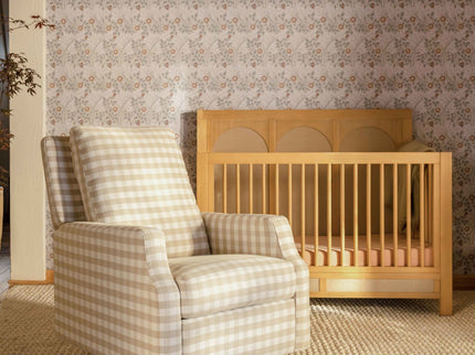 M22286TGHLB,Namesake,Crewe Electronic Swivel Glider Recliner in Tan Gingham with Light Wood Base