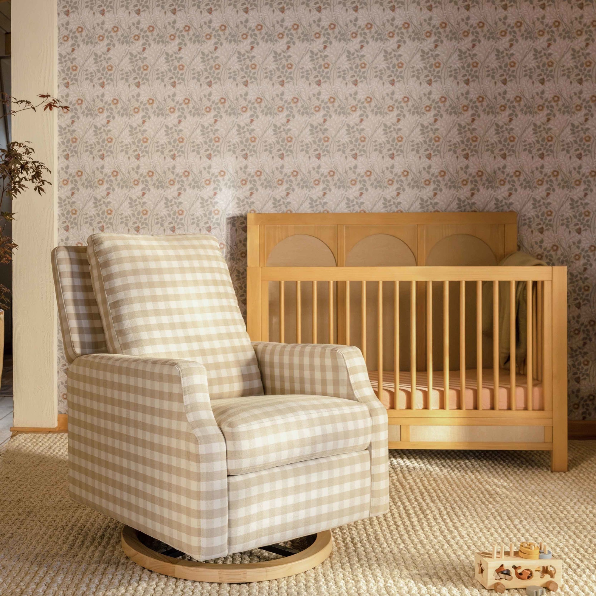 M22286TGHLB,Namesake,Crewe Electronic Swivel Glider Recliner in Tan Gingham with Light Wood Base