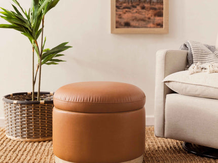 M22885TANLB,Babyletto,Naka Storage Ottoman in Vegan Tan Leather w/ Light Wood Base