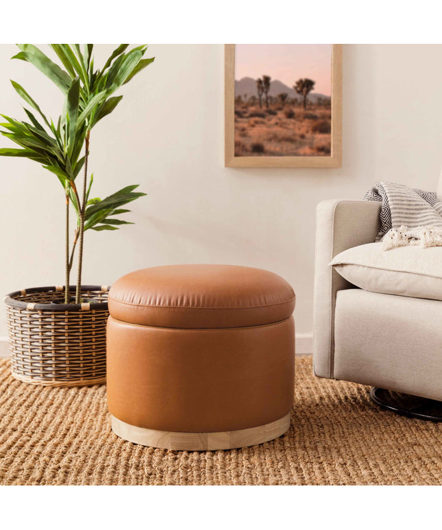 M22885TANLB,Babyletto,Naka Storage Ottoman in Vegan Tan Leather w/ Light Wood Base