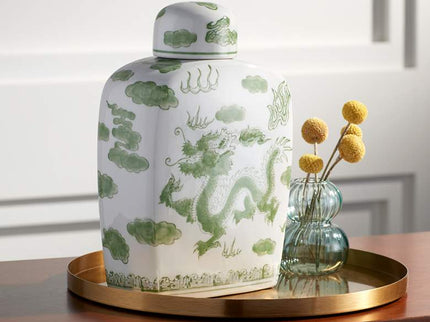 Sansui 10 1/2"H Green and White Ceramic Ginger Jar with Lid