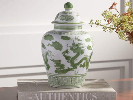 Sansui 12"H Green and White Ceramic Ginger Jar with Lid