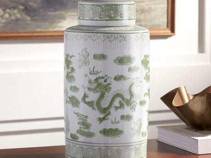 Sansui 15 3/4"H Green and White Ceramic Ginger Jar with Lid
