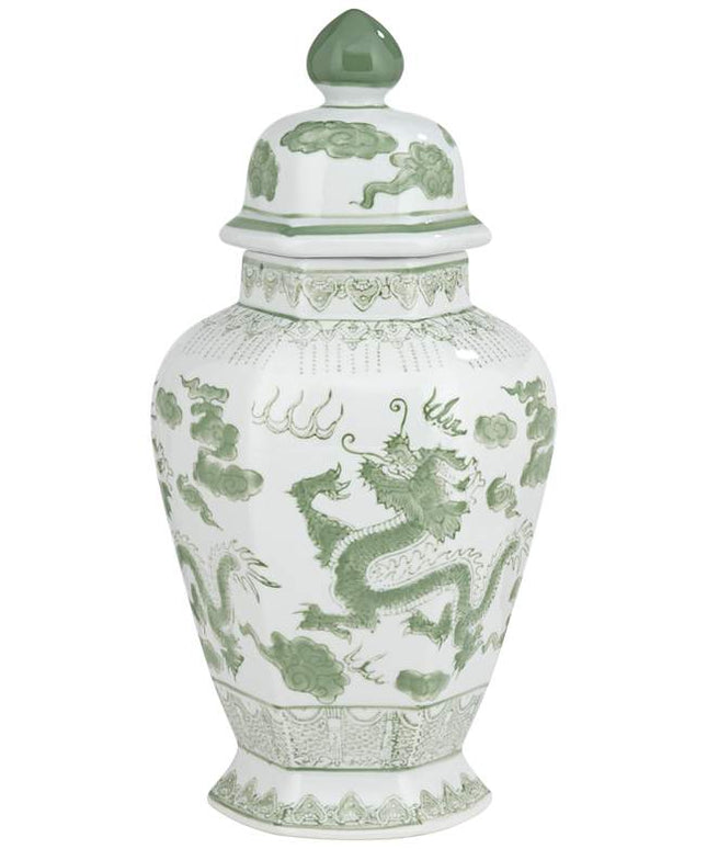 Sansui 15" High Green and White Ceramic Ginger Jar with Lid