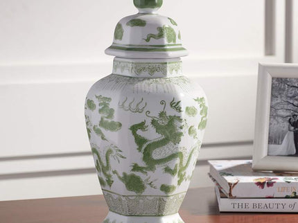 Sansui 15" High Green and White Ceramic Ginger Jar with Lid
