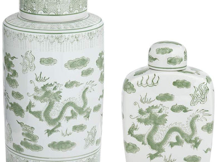 Sansui Green and White 2-Piece Ceramic Ginger Jar Set