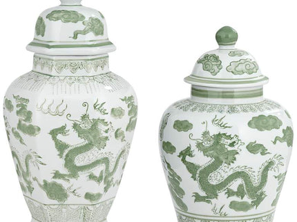 Sansui Green and White Ceramic Ginger Jars Set of 2