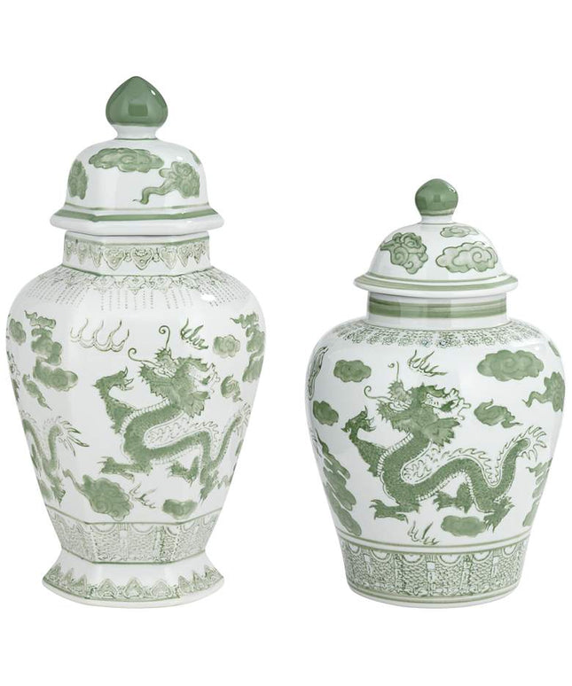 Sansui Green and White Ceramic Ginger Jars Set of 2