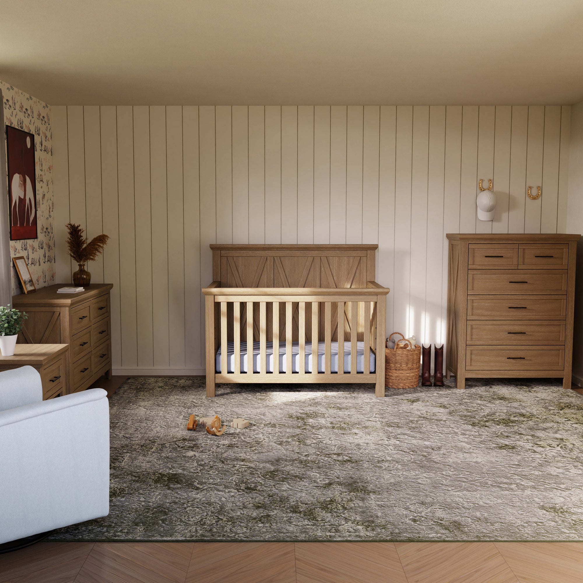 B14501DF,Monogram by Namesake,Emory Farmhouse 4-in-1 Convertible Crib in Driftwood