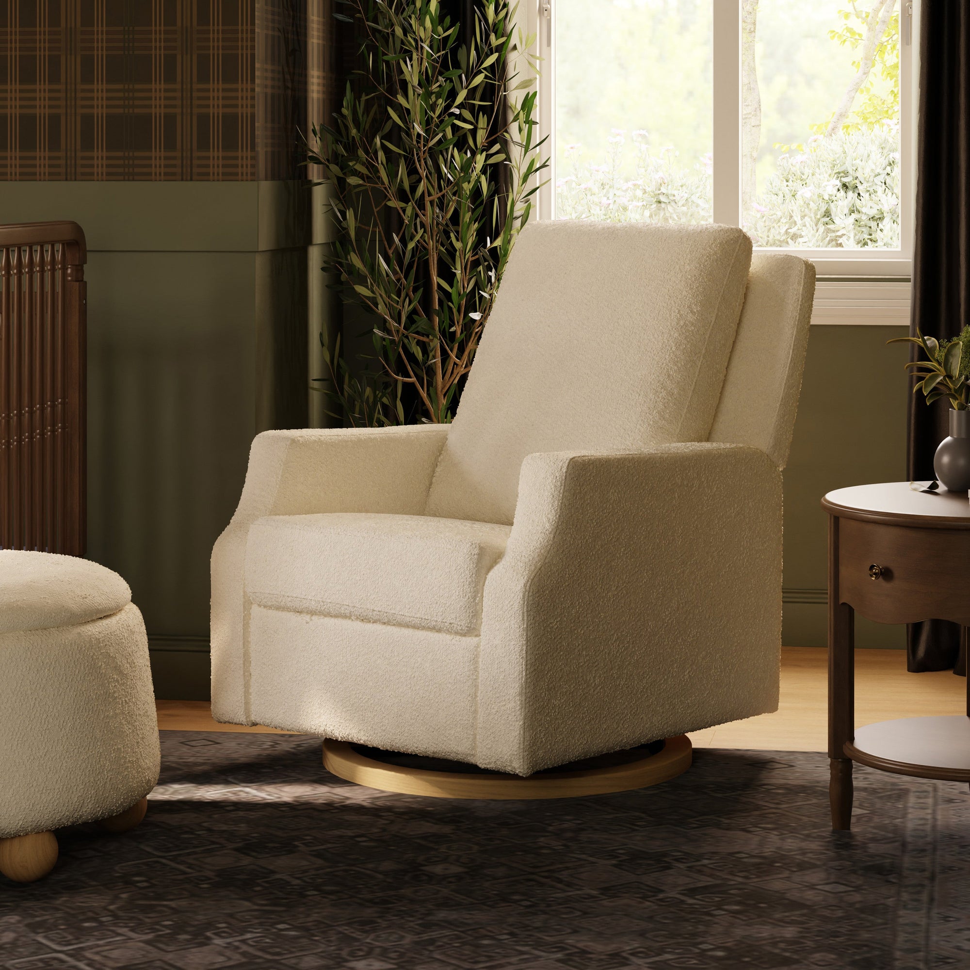 M22287WBLB,Namesake,Crewe Recliner and Swivel Glider in Ivory Boucle w/Light Wood Base