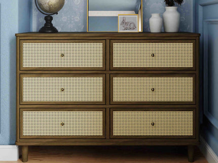 M23716NLBC,Namesake,Marin with Cane 6 Drawer Assembled Dresser in Natural Walnut and Blonde Cane