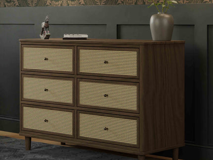 M23716NLBC,Namesake,Marin with Cane 6 Drawer Assembled Dresser in Natural Walnut and Blonde Cane
