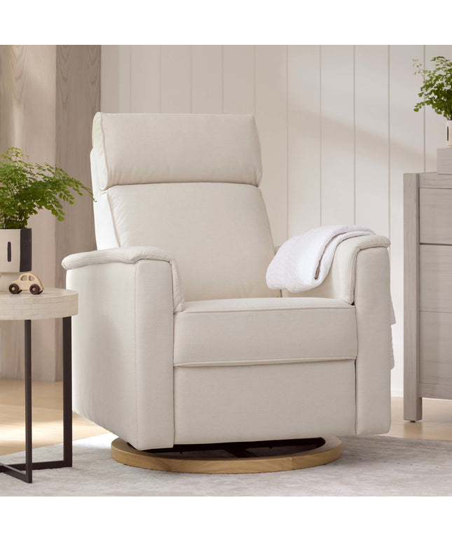 B17186PCMEWLB,Monogram by Namesake,Willa Plus Power Glider Recliner w/ Power Headrest in Performance Cream Eco-Weave w/Light Wood base