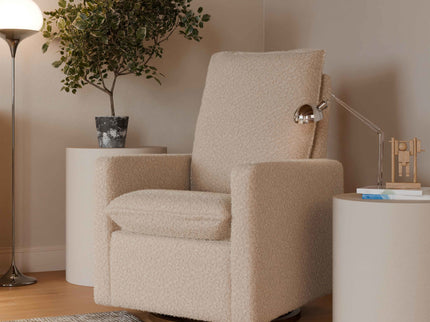 M20987CSGDB,Babyletto,Cali Pillowback Swivel Glider in Chai Shearling w/ Dark Wood Base