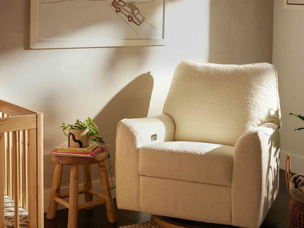 M24087CSHLB,Nursery Works,Sunday Power Recliner and Swivel Glider in Chantilly Fleece w/ Light Wood Base