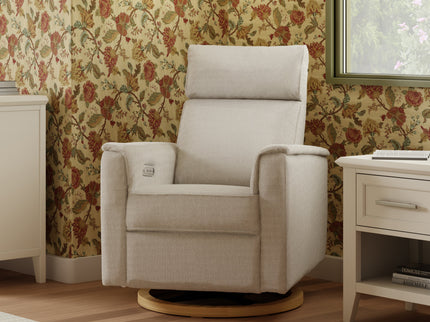B17186PCMEWLB,Monogram by Namesake,Willa Plus Power Glider Recliner w/ Power Headrest in Performance Cream Eco-Weave w/Light Wood base