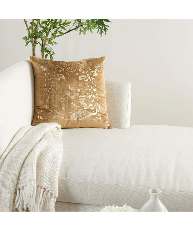 Sofia Beige Gold Foil Print Leopard 20" Square Throw Pillow