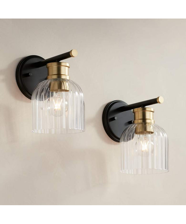 Stiffel Lana 9" High Black and Warm Brass Wall Sconce Set of 2
